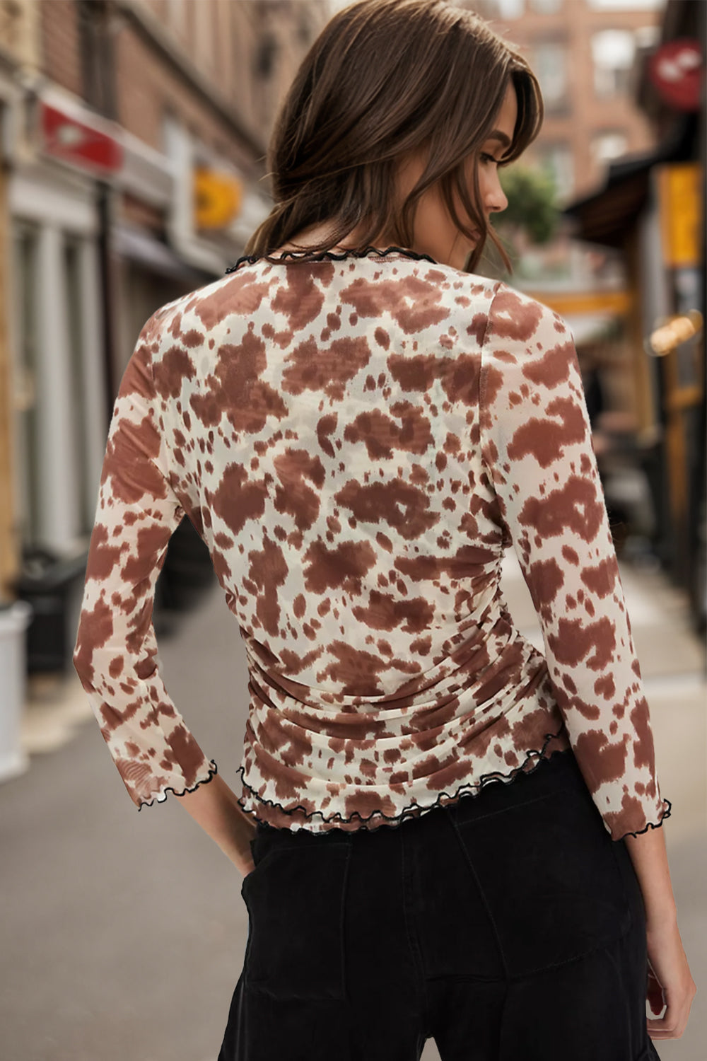 Animal Print Button Down Sheer Plunge Top in Brown - Image 2