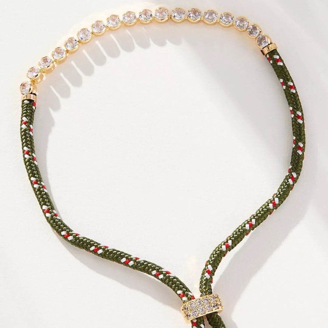 Off-white Brown-striped Woven Necklace with Diamond-encrusted Chain
