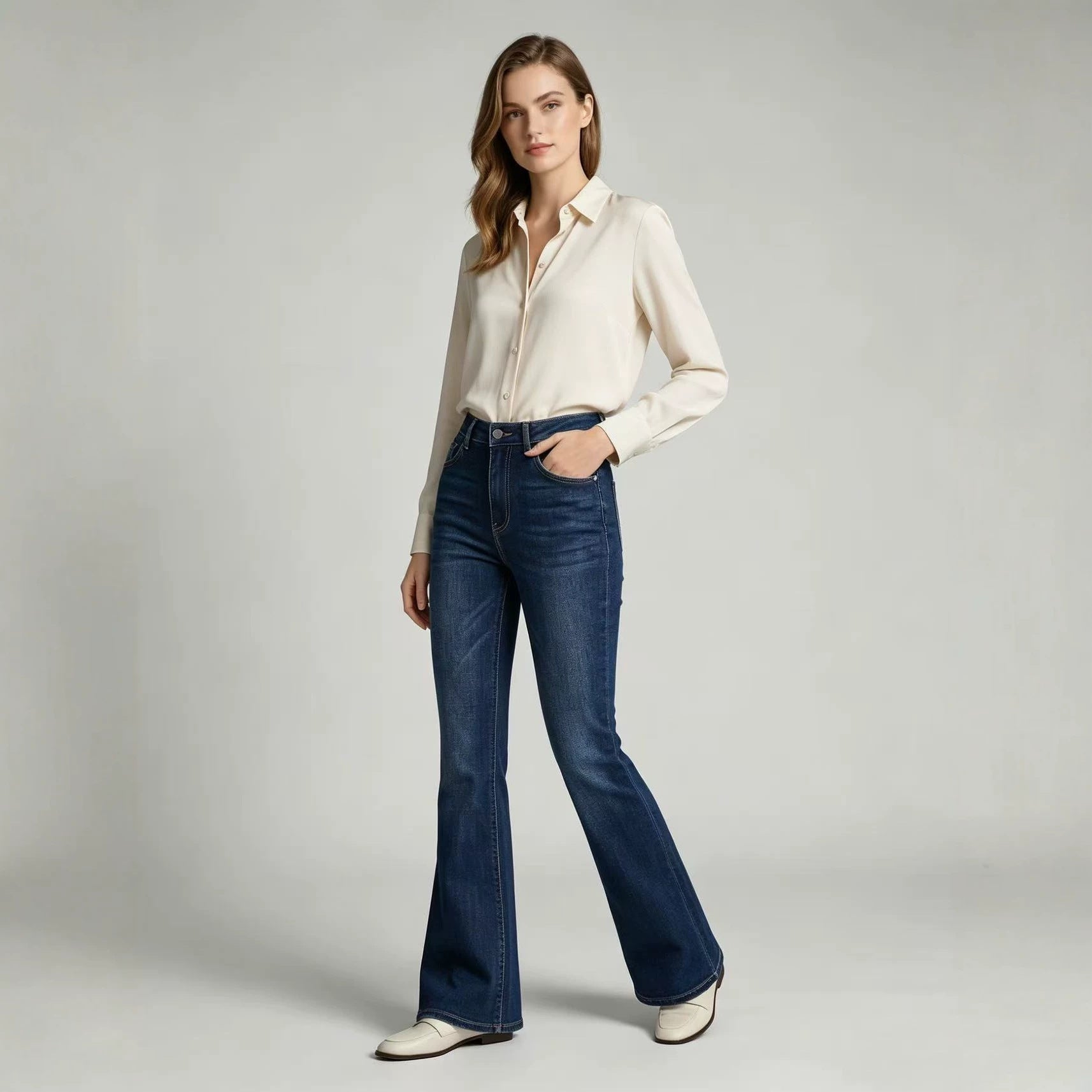 High-Waist Slim-Fit Flare Jeans: Full-Length Denim Pants