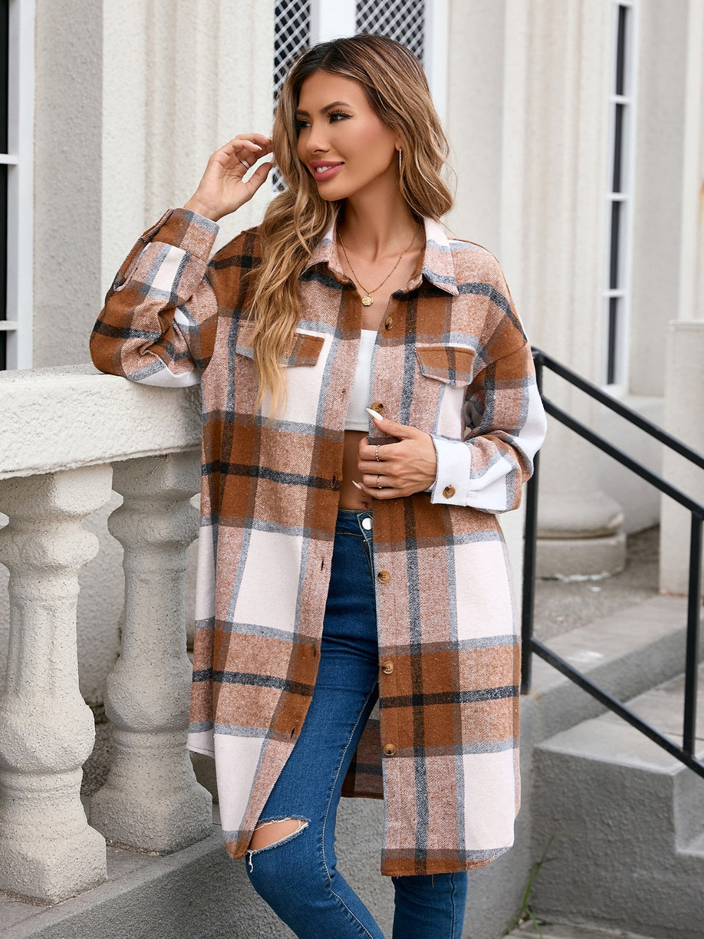 Plaid Button Up Longline Shirt Jacket | Polyester Outerwear