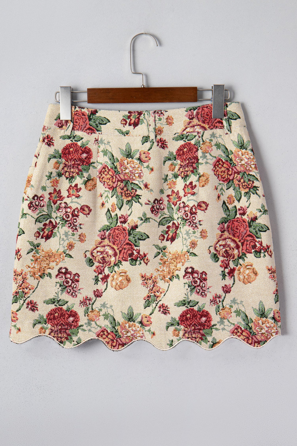 Button Front Scallop Mini Jacquard Floral Skirt