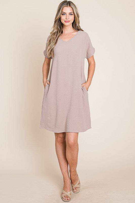 Taupe V-Neck Short Sleeve Dress with Functional Pockets