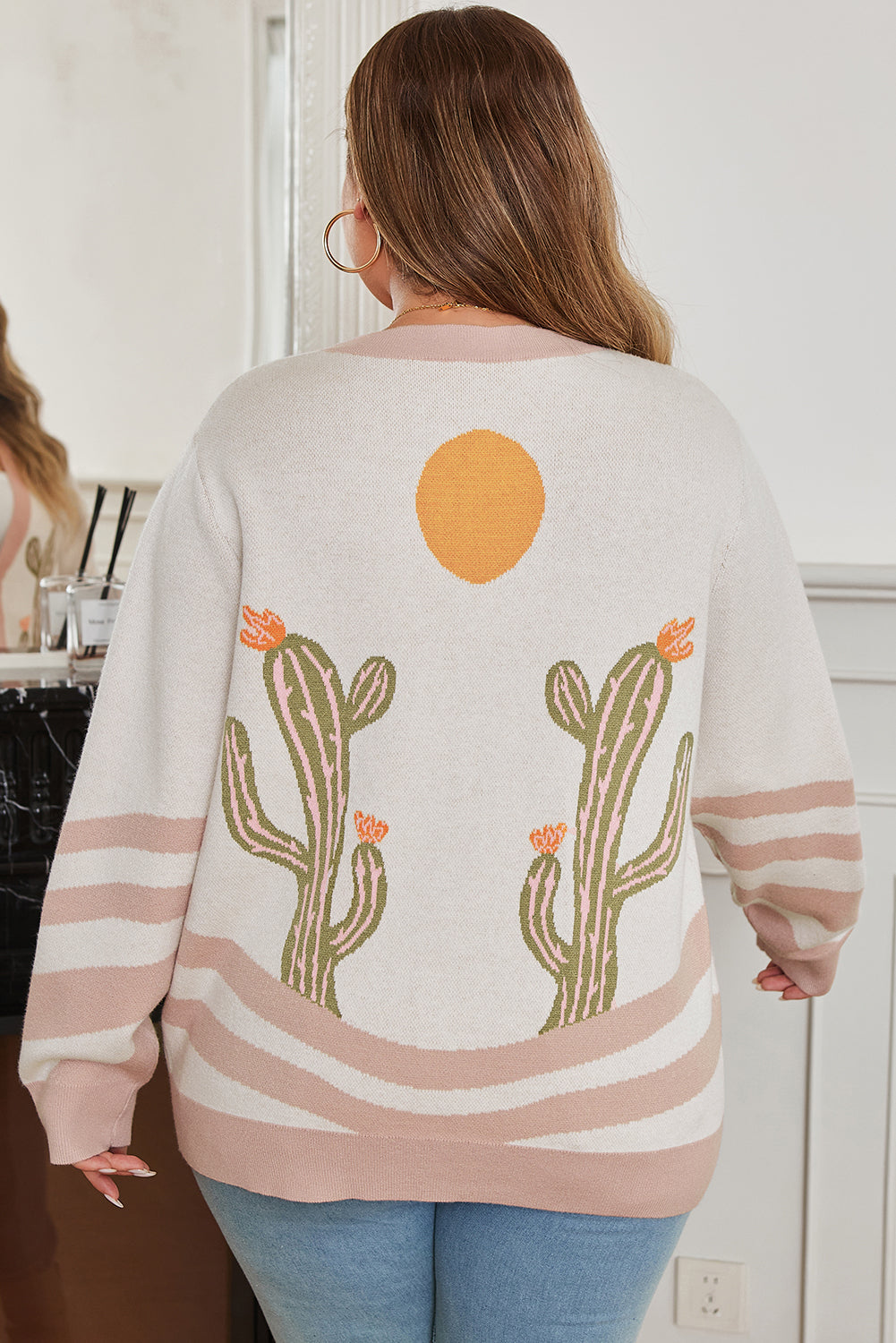 Plus Size Western Cactus Button-front Cardigan Sweater