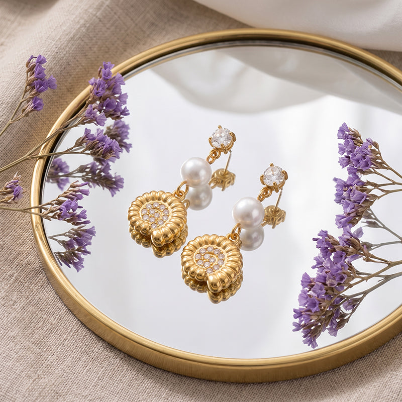 Bohemian Ocean Style High-quality Stainless Steel Seashell Shaped Pearl Earrings