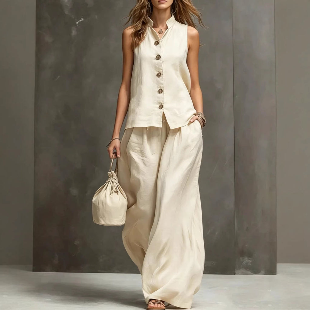 Sleeveless Vest & Wide-Leg Pants Two-Piece Cotton Linen Set