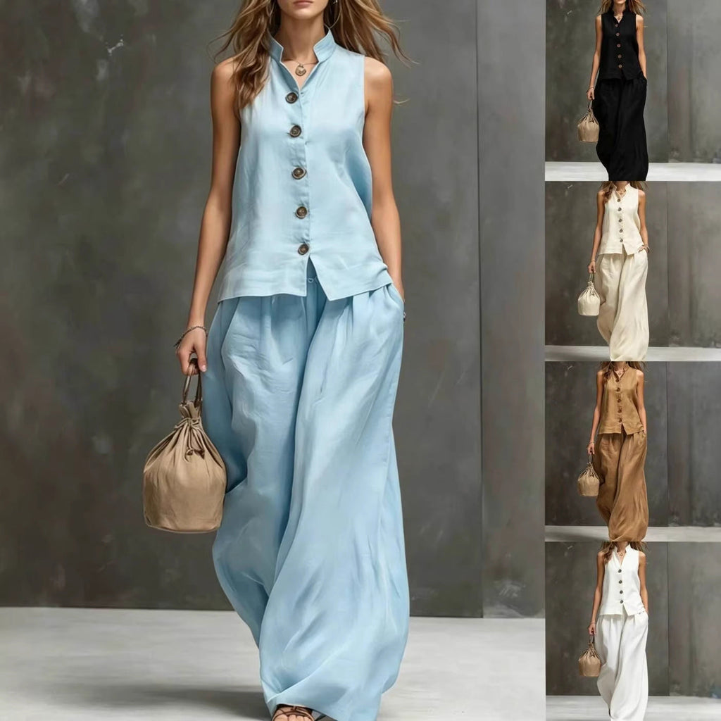 Sleeveless Vest & Wide-Leg Pants Two-Piece Cotton Linen Set