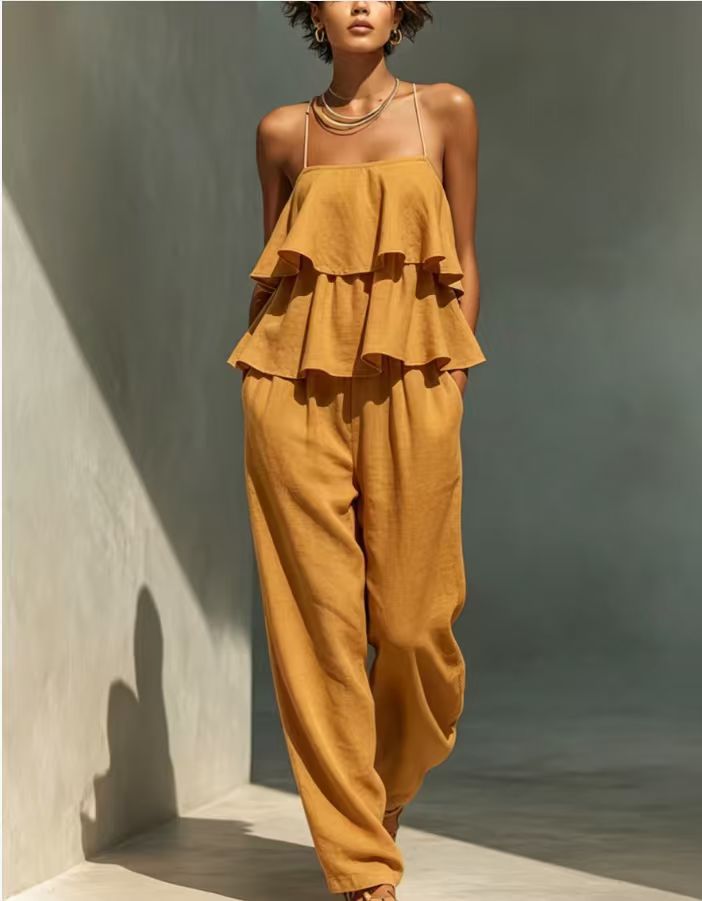 Women's Ruffled Camisole and Casual Wide Leg Pants Set