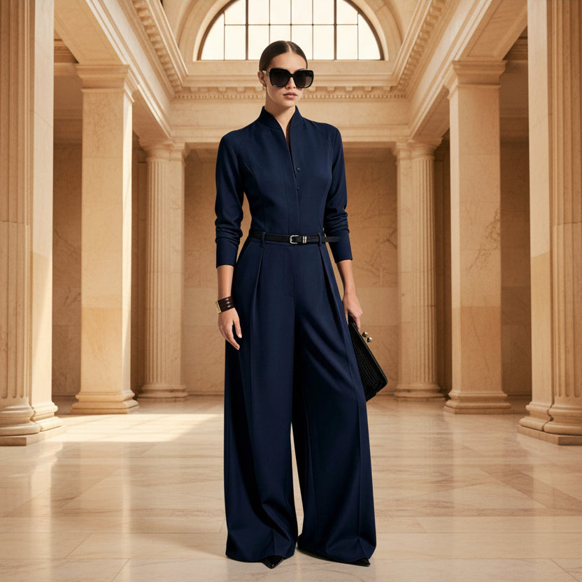 Women's Stand-Collar Long-Sleeve Wide-Leg Jumpsuit