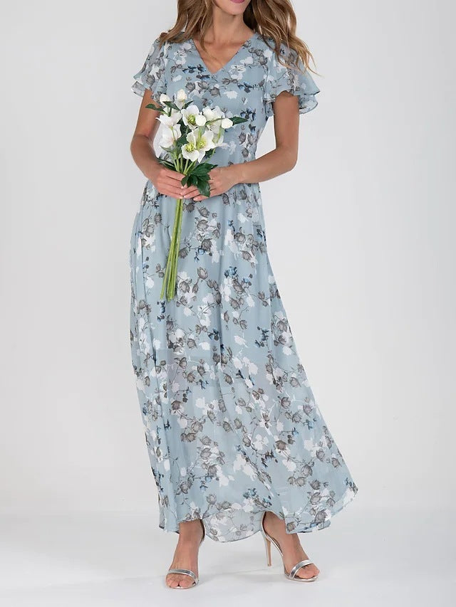 Floral Print V-Neck Chiffon Ruffle Beach Dress Mint Peach