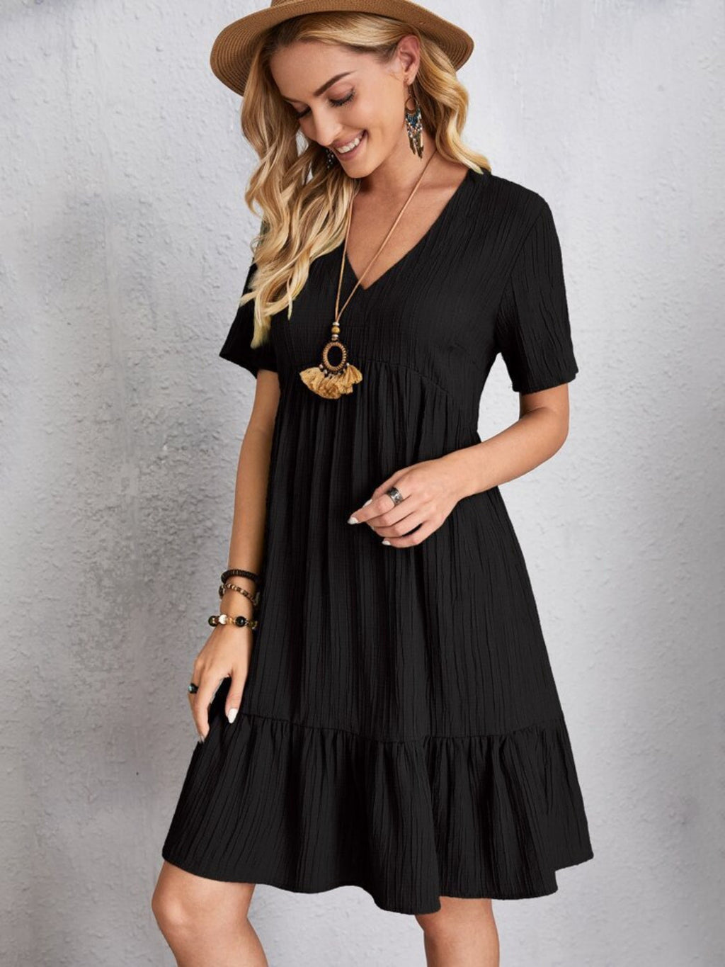 Classic V-Neck Short Sleeve Casual Midi Dress