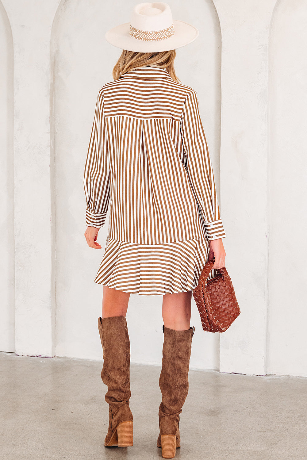 Yamileth Long Sleeve Striped Shirt Mini Dress with Ruffled Hem