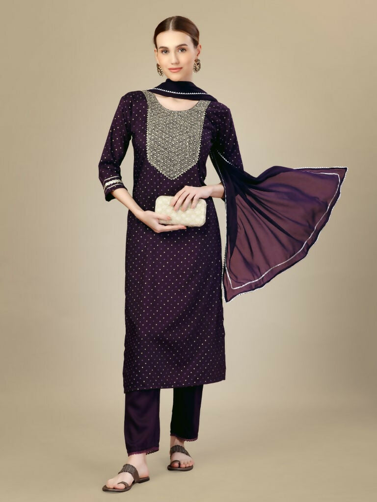 Women's Purple Silk Blend Embroidered Straight Kurta Set