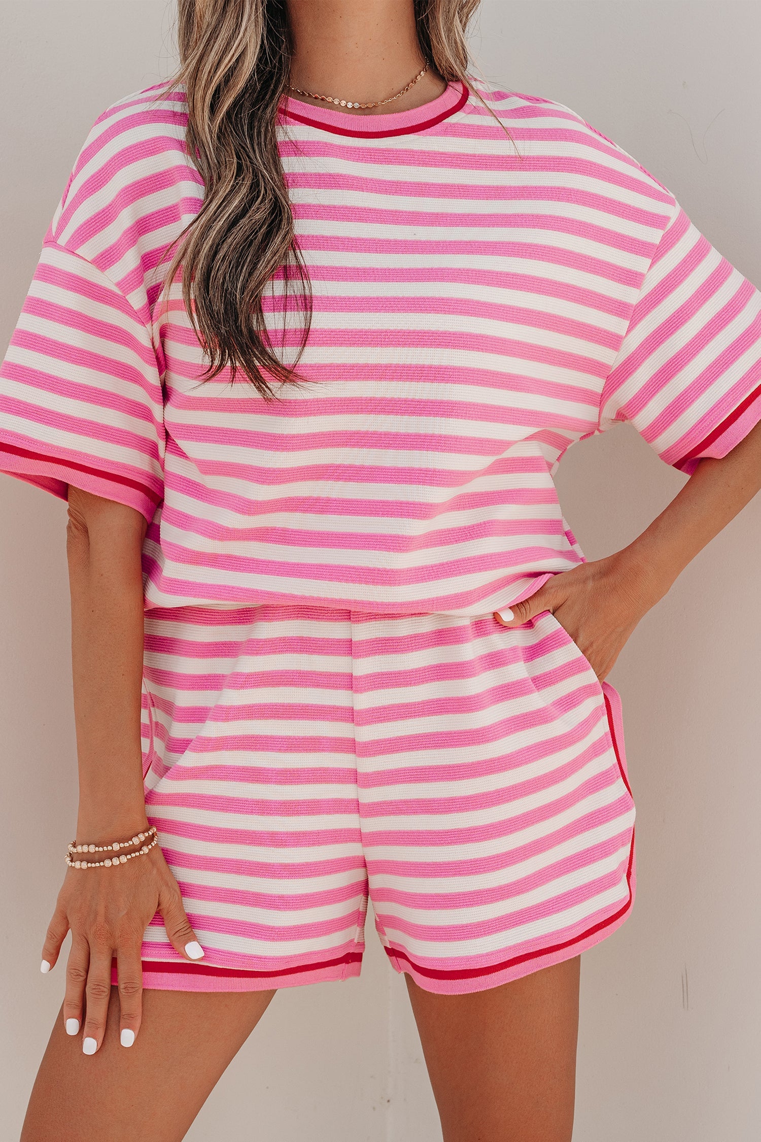 Matilda Trim Short Sleeve Set - Striped Knit Loungewear in Pink