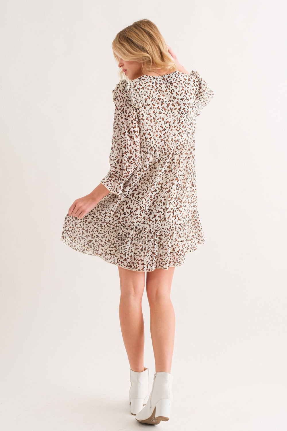 Leopard Ruffle Hem Woven Mini Dress in White and Brown