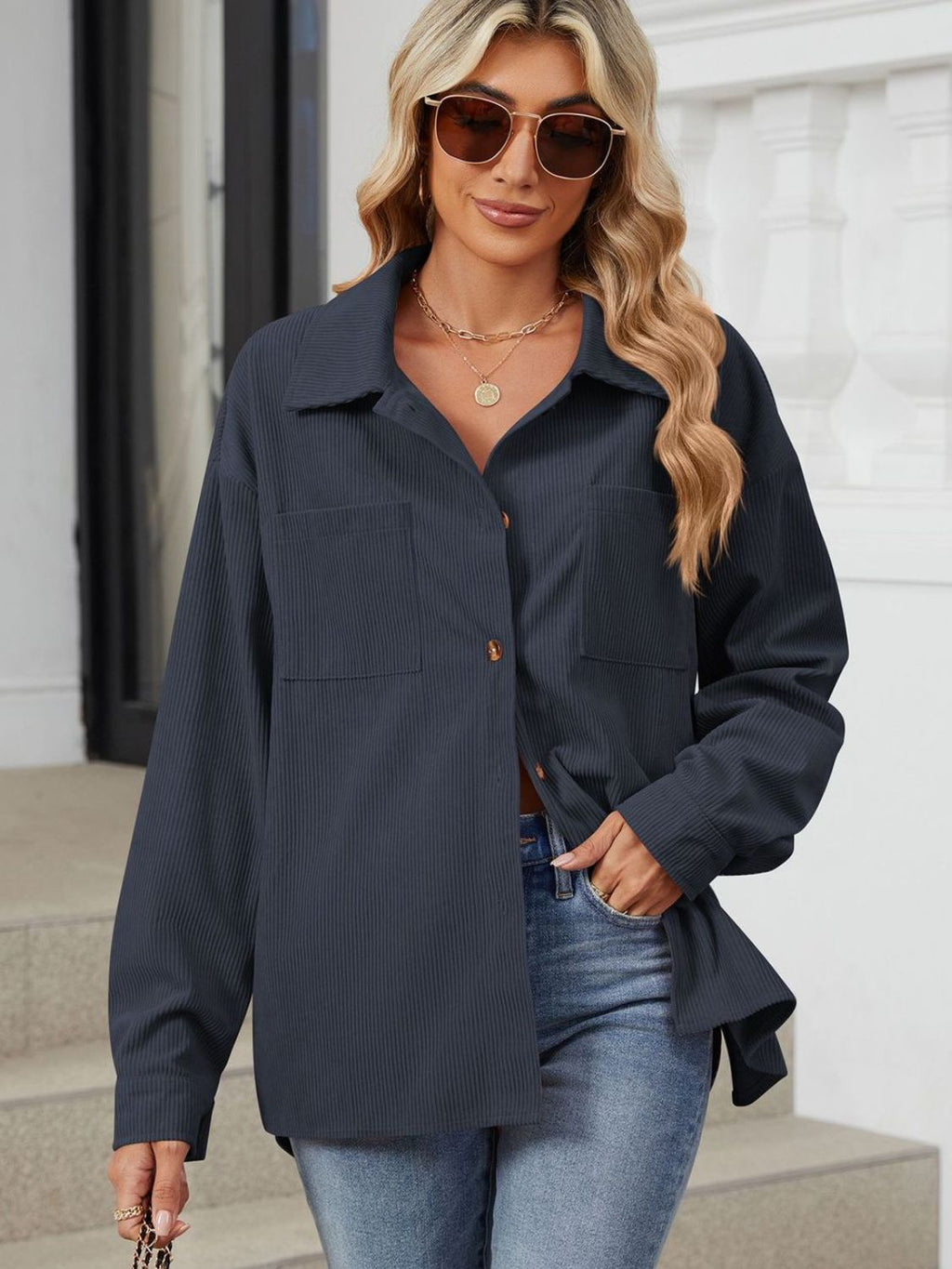 Rayon Button Up Dropped Shoulder Long Sleeve Shirt