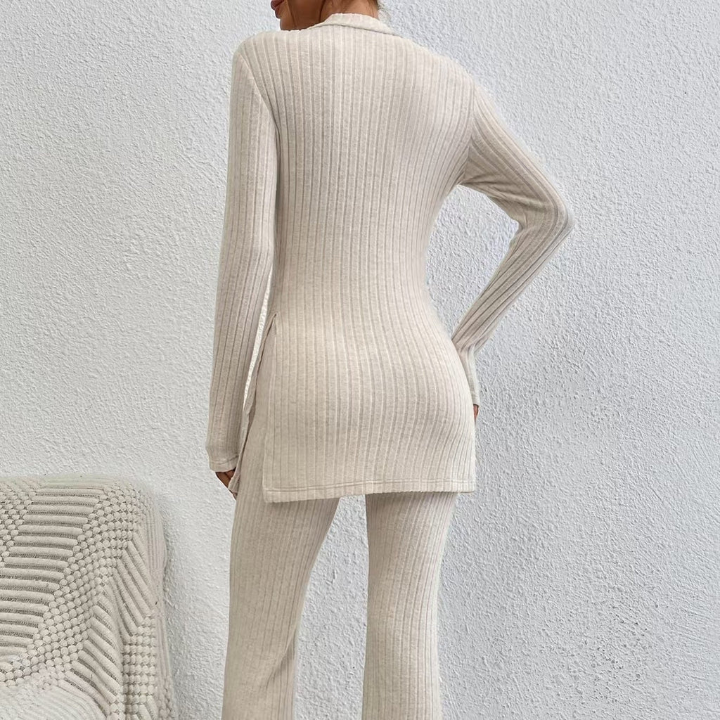 Women’s Ribbed Mock Neck Top and Wide Leg Pants Lounge Set