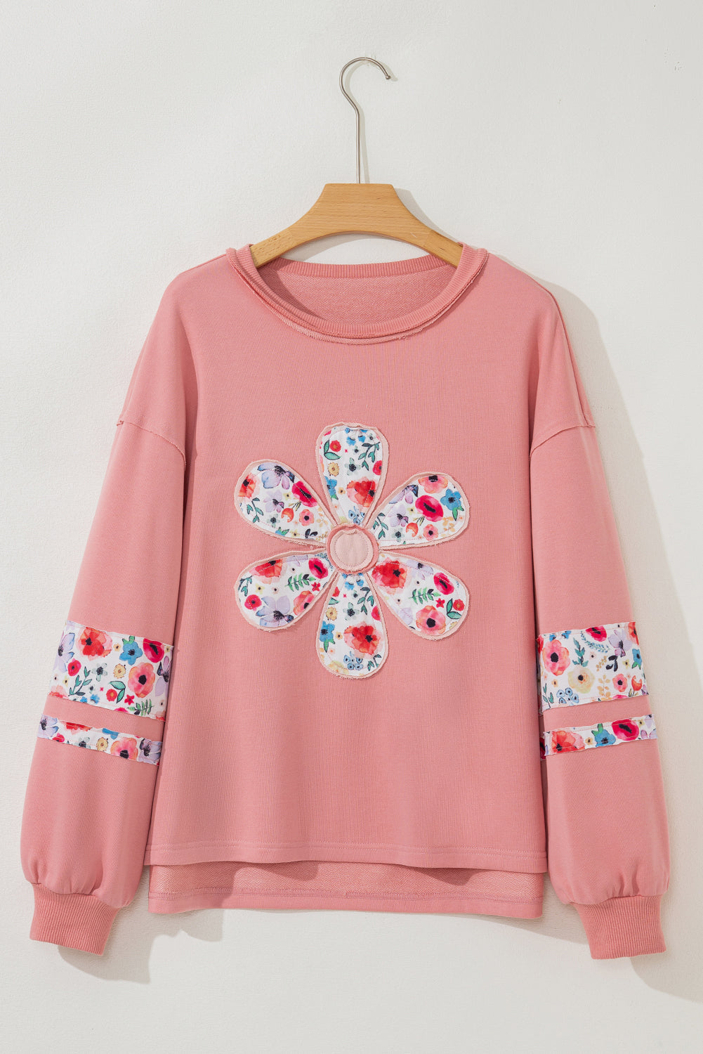 Peach Blossom Flower Applique Patchwork Drop Sleeve Pullover Sweatshirt