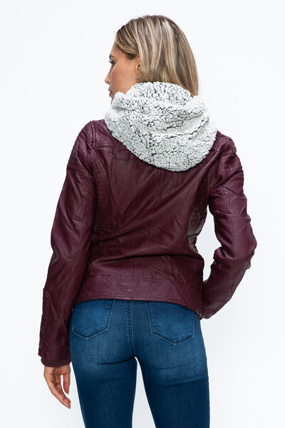 Dual-Zipper Layered Jacket with Fuzzy Hood in Burgundy and Grey