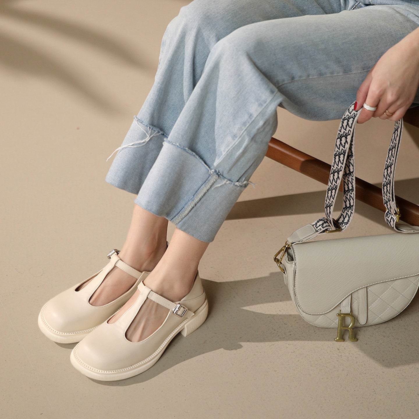 Women’s Cream Mary Jane Flats with Buckle Strap - Image 2