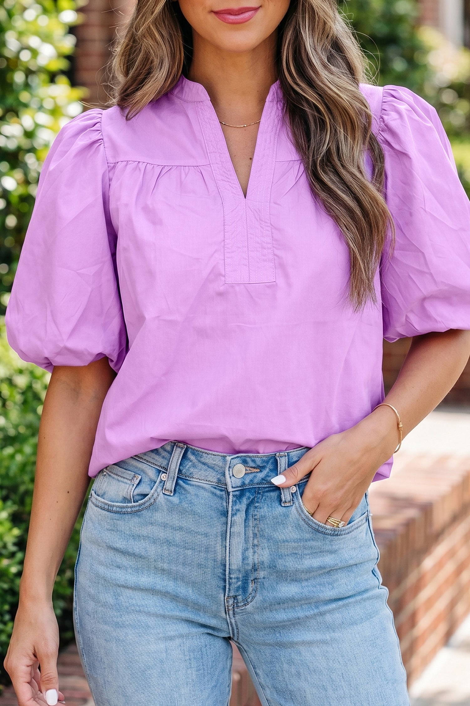 Modern lavender blouse with bubble half-sleeves and minimalist design.