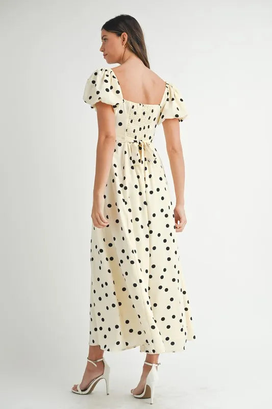 Vintage Polka Dot Puff Sleeve Midi Dress with Retro Flutter