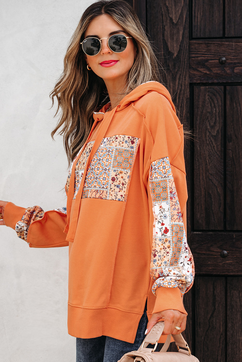 Women's Floral Patchwork Side Slit Drawstring Hoodie, Boho Knit Top