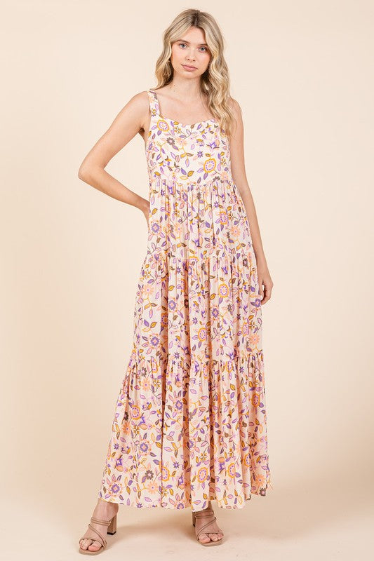 Floral print sleeveless maxi dress with empire waist and tiered hem.
