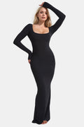 Caramel Square Neck Long Sleeve Maxi Dress with Built-In Shapewear