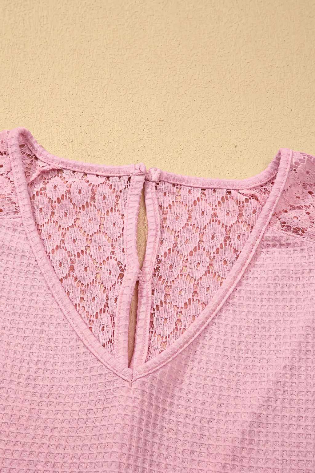 Nyomi Women’s Pink Waffle Knit V-Neck Blouse with Lace Details