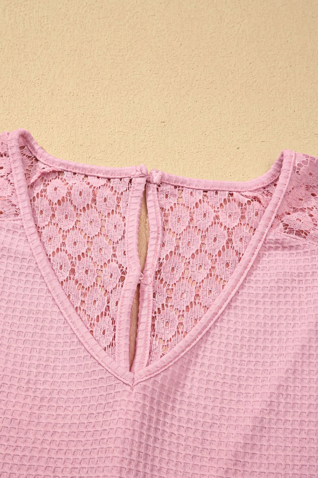 Nyomi Women’s Pink Waffle Knit V-Neck Blouse with Lace Details