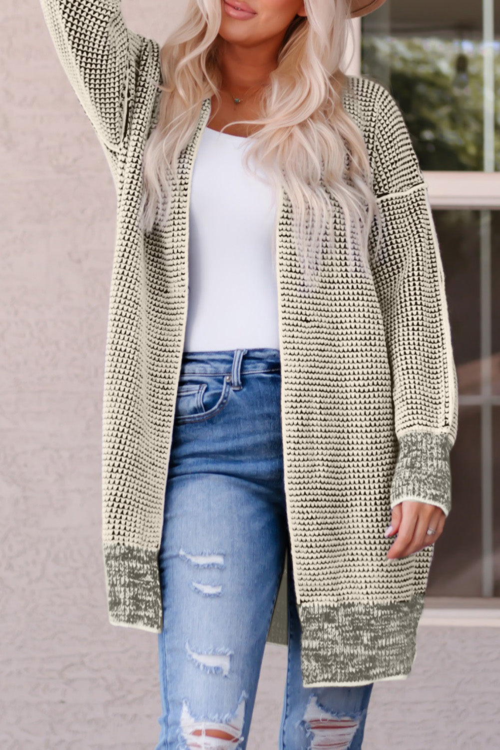 Women's Plaid Textured Knit Open Front Cardigan