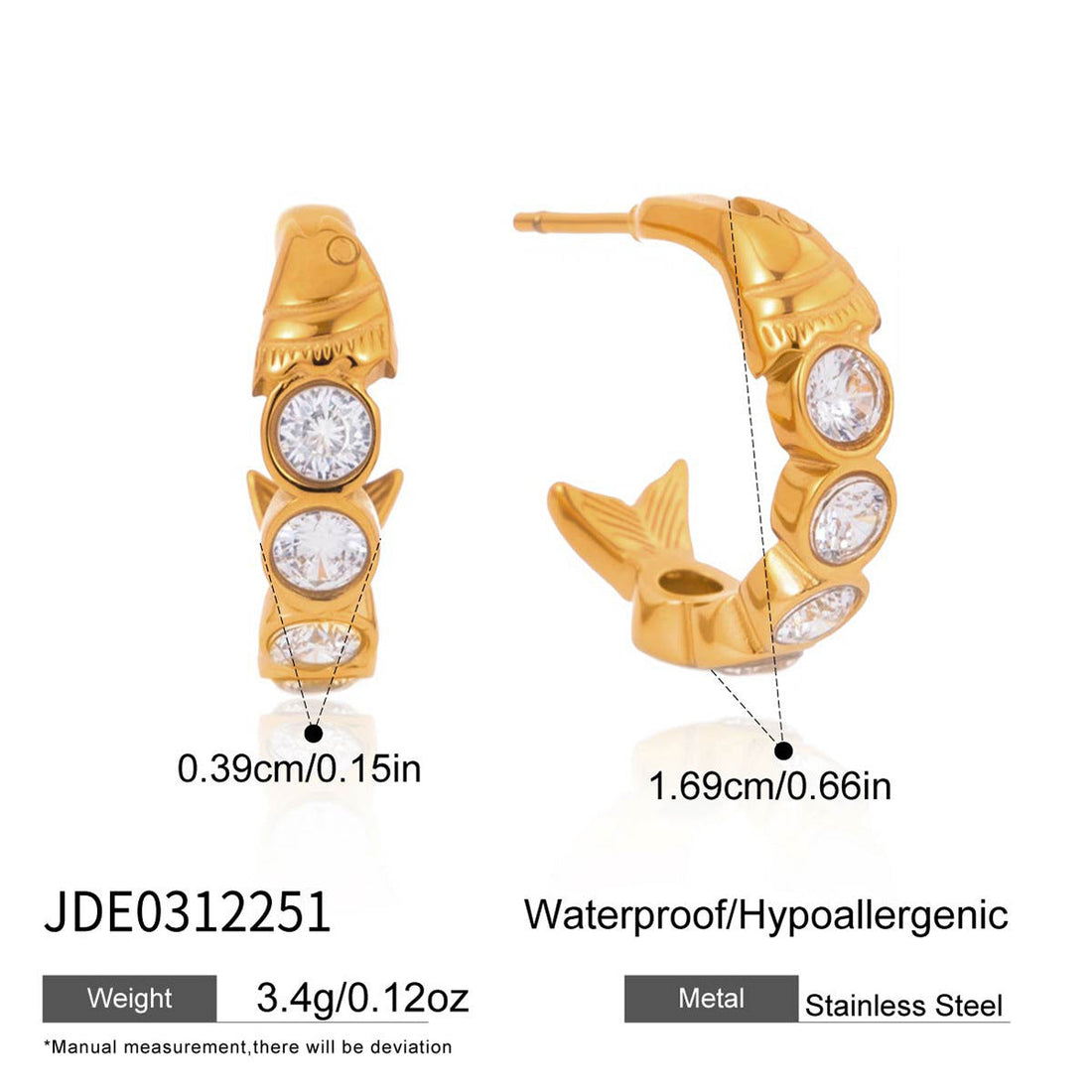 Zircon Fish C Hoop Earrings in Polished Stainless Steel