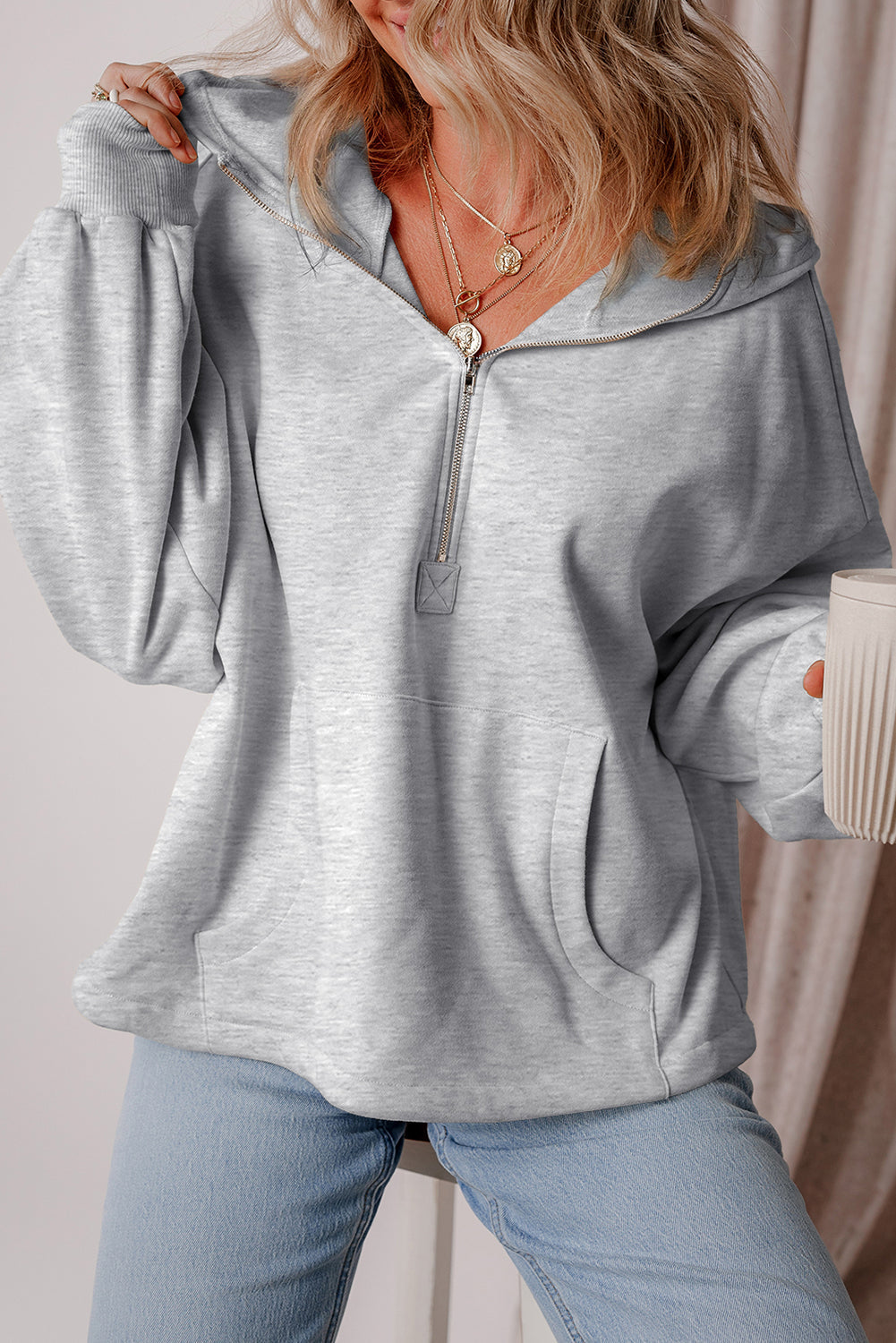 Orange Half Zipper Hoodie with Kangaroo Pockets | Drop Shoulder