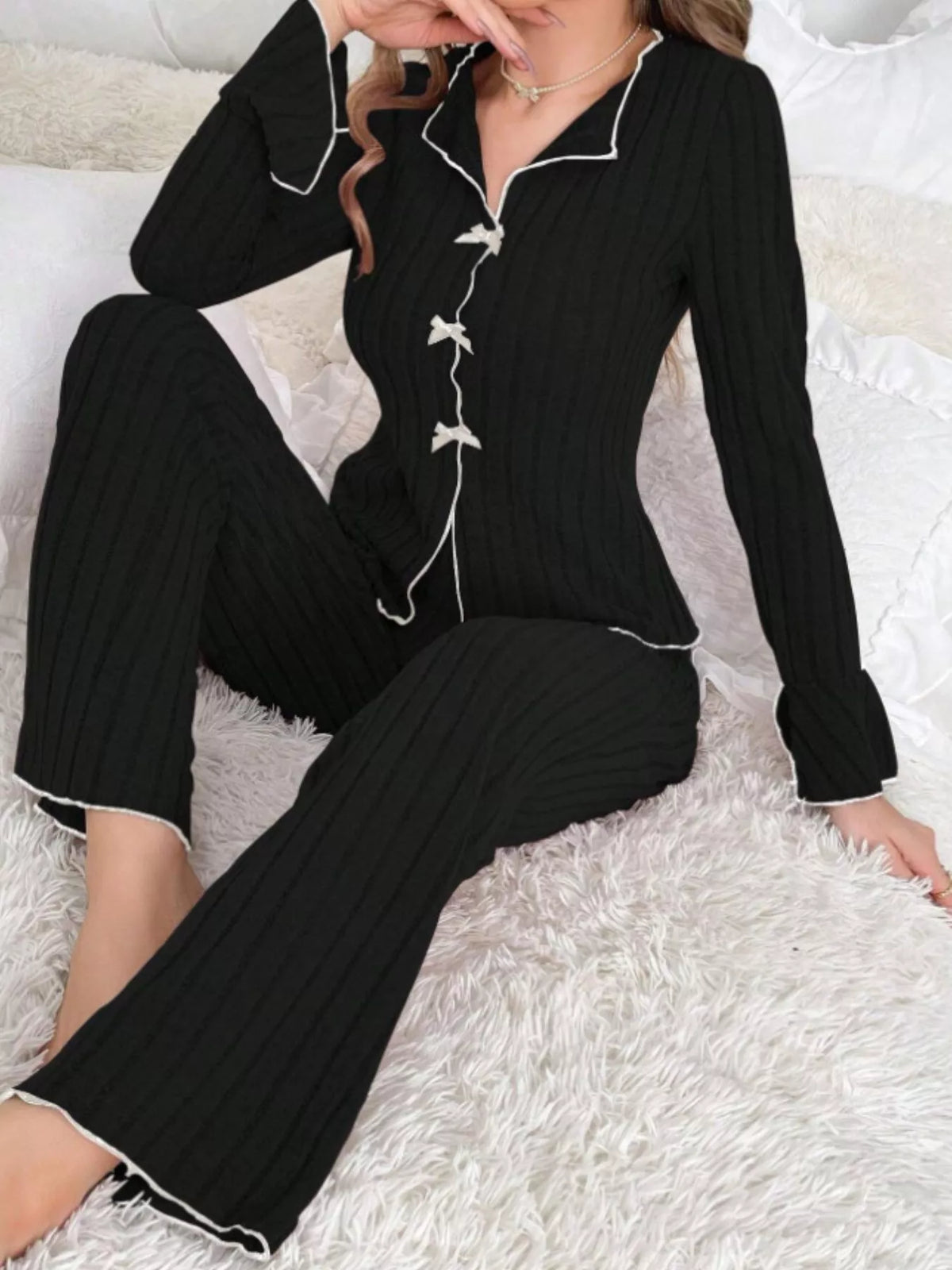 Ribbed Bow Front Top and Pants Lounge Set