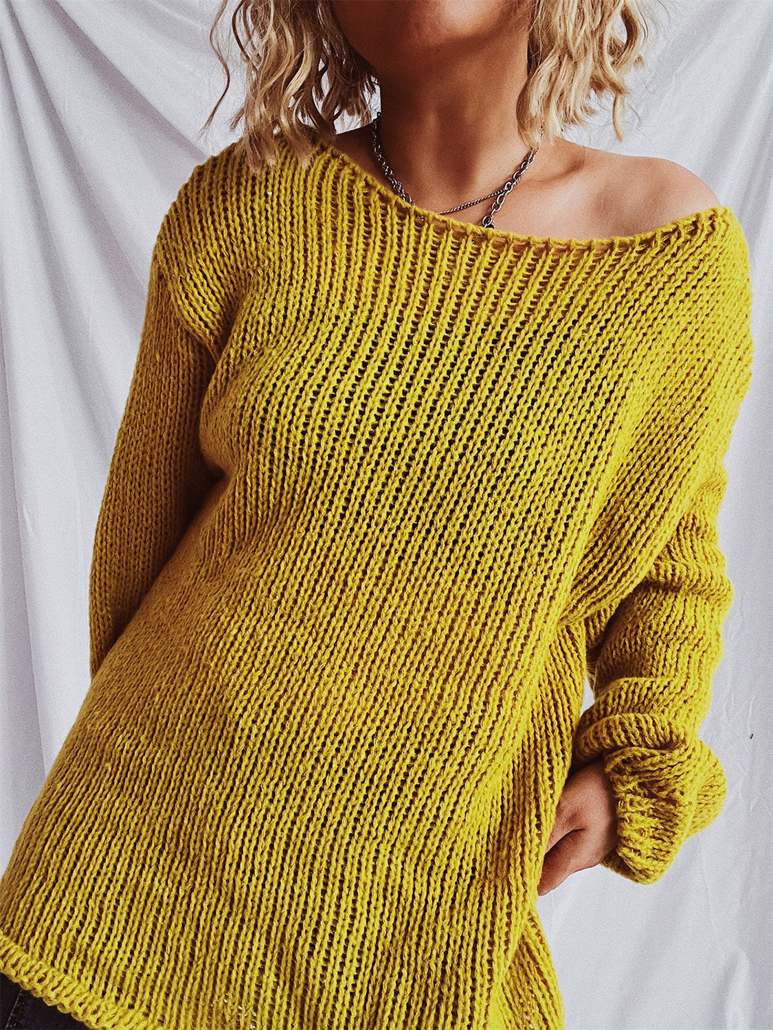 Women's White Boat Neck Dropped Shoulder Loose Knit Sweater - Image 10