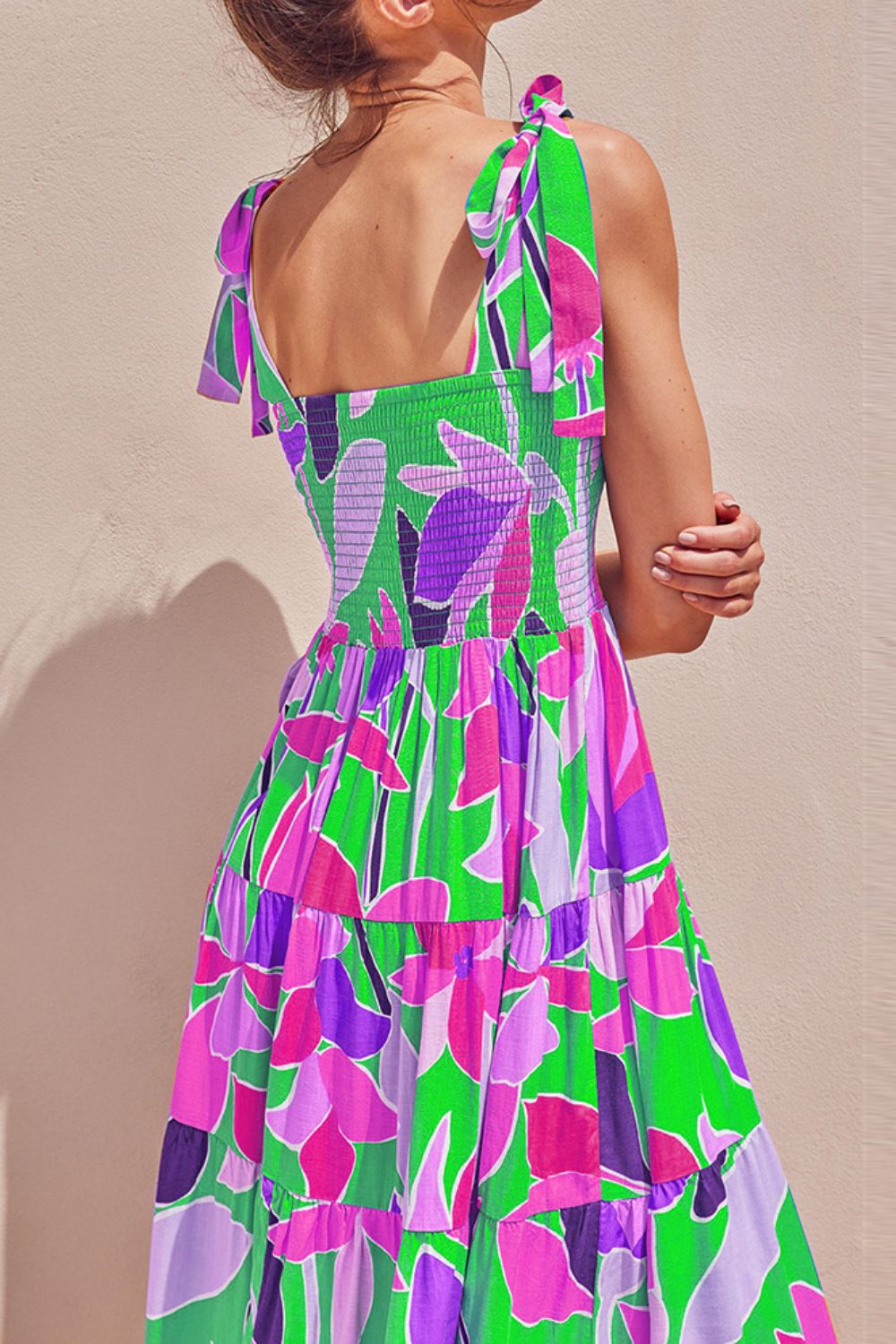 Floral Tie-Shoulder Smocked Midi Dress for Vacation