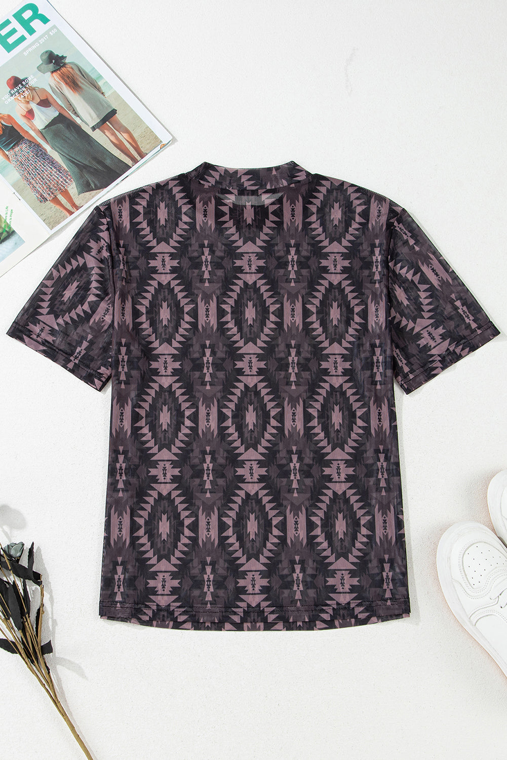 Brown Aztec Print Mock Neck Short Sleeve Mesh T-Shirt