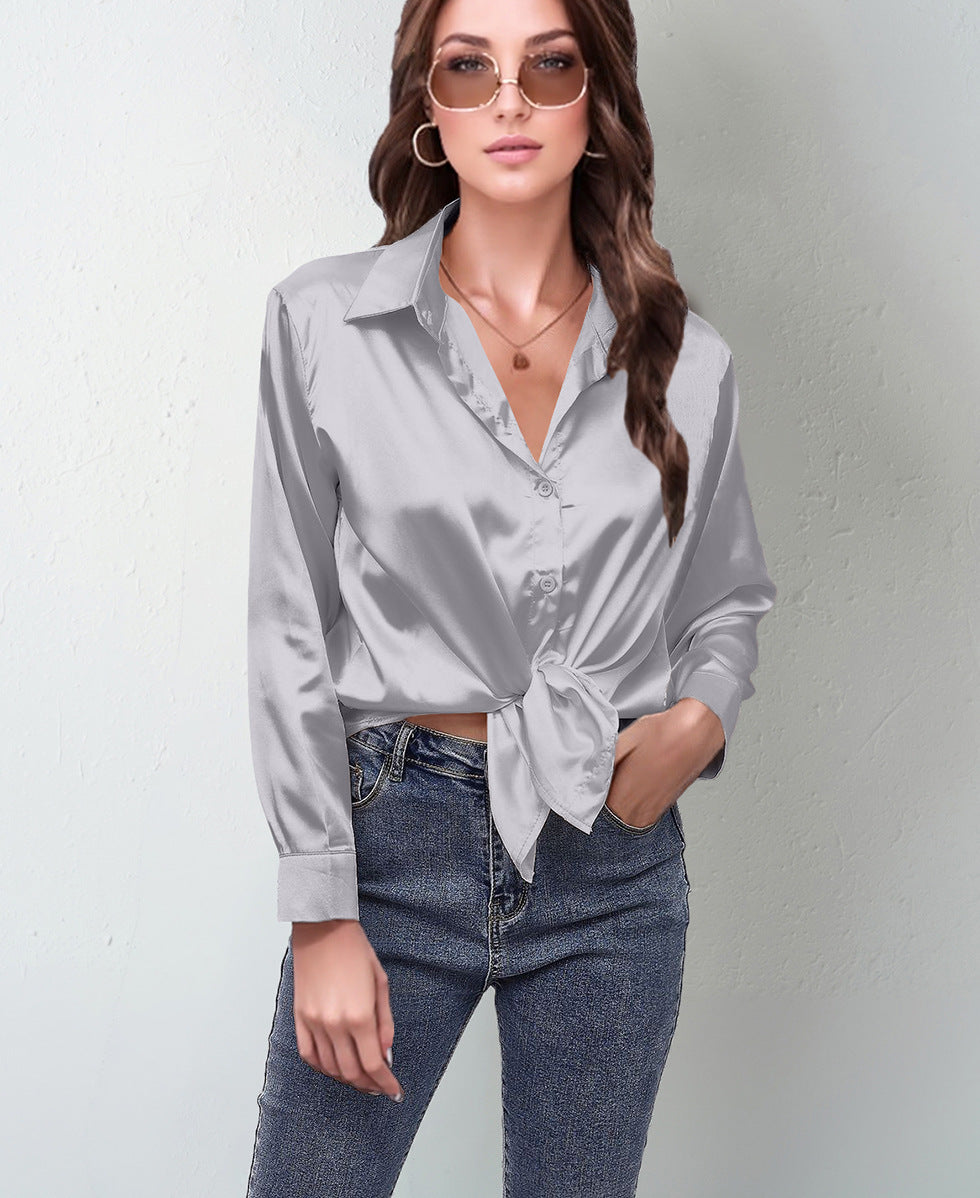 Women’s Satin Lapel Button-Down Blouse Long Sleeve Shirt