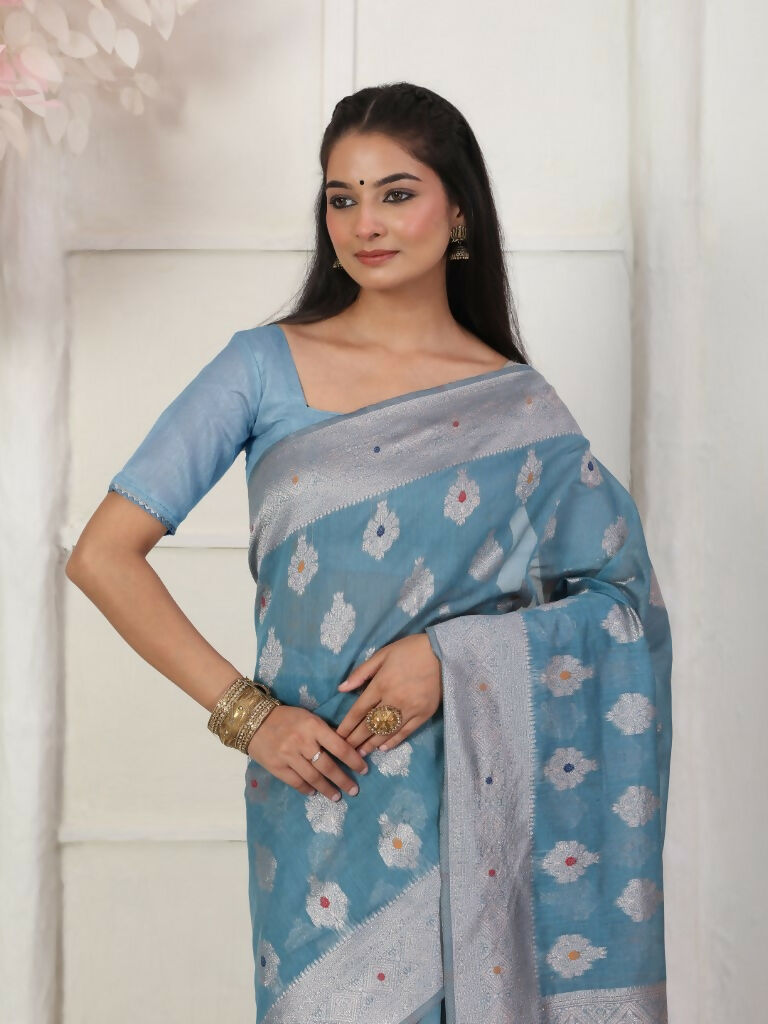 Shree Shyam Fashion Linen Cotton Sky Blue Saree
