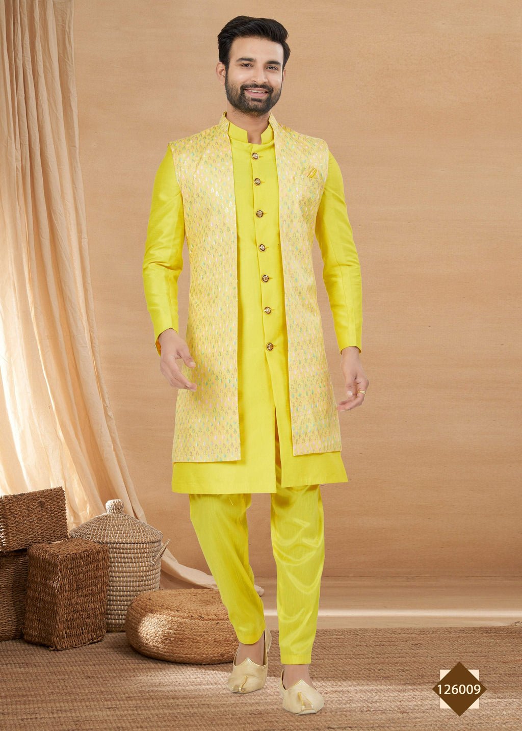 Men's lemon yellow heavy art silk indowestern set with matching jacket and straight-cut kurta