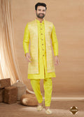 Men's lemon yellow heavy art silk indowestern set with matching jacket and straight-cut kurta