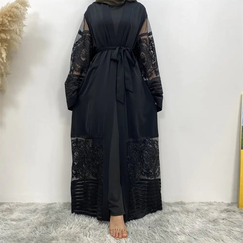 Embroidered Mesh Cardigan Robe Dress