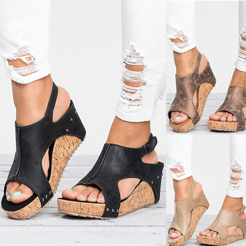 Women Wedge Peep Toe Sandals with Cork Platform and Stud Detail - Image 18