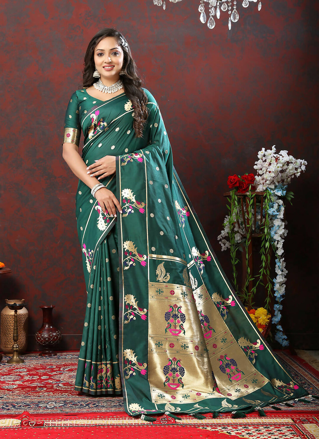 Green Soft Paithani Silk Saree with Gold Zari Meenakari Weaving