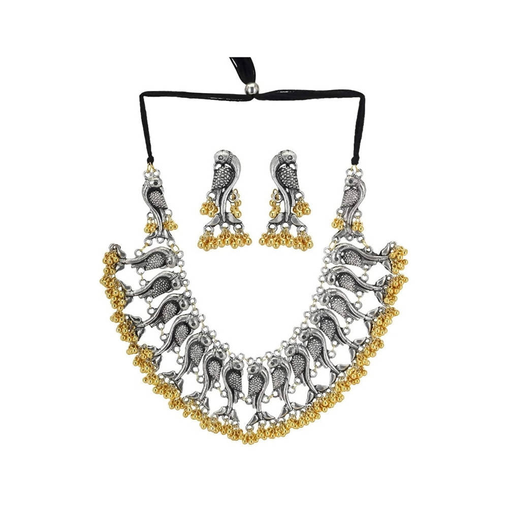 Traditional Parrot Design Choker Necklace Set featuring golden ghungroo details on a model