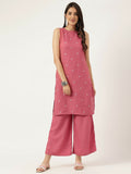 Rust Rayon straight kurta featuring embroidery and matching bottoms