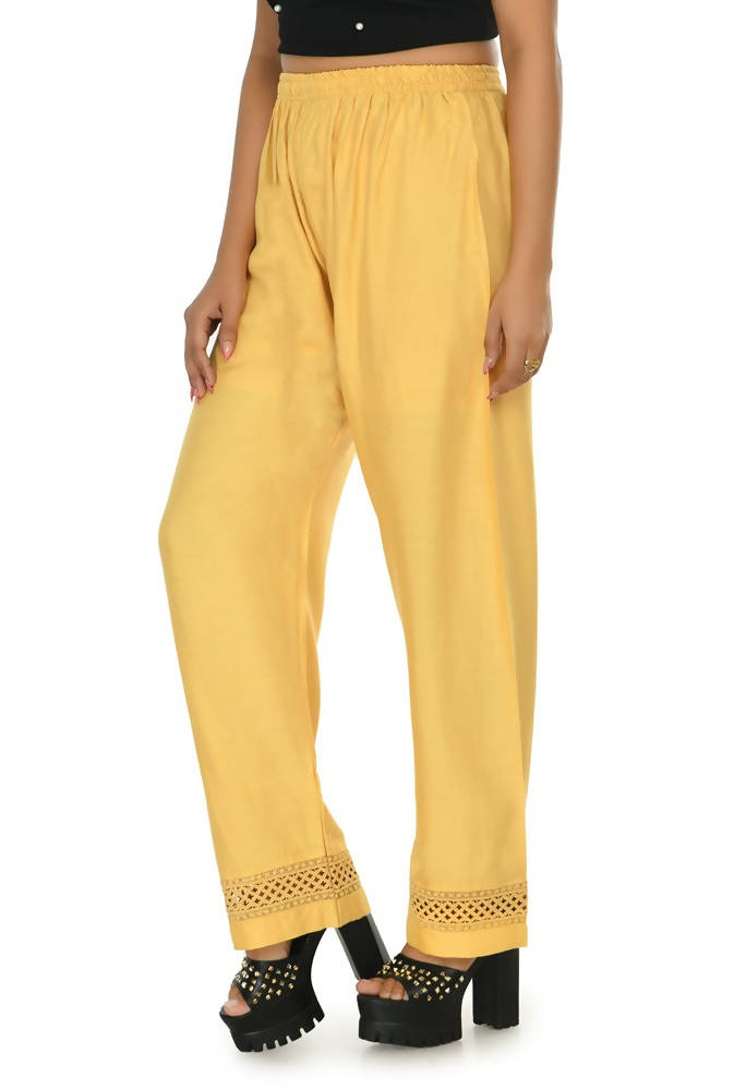 Golden straight-leg palazzo pants made from soft rayon cotton