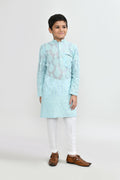 Aqua green georgette kurta with white straight fit art silk pants