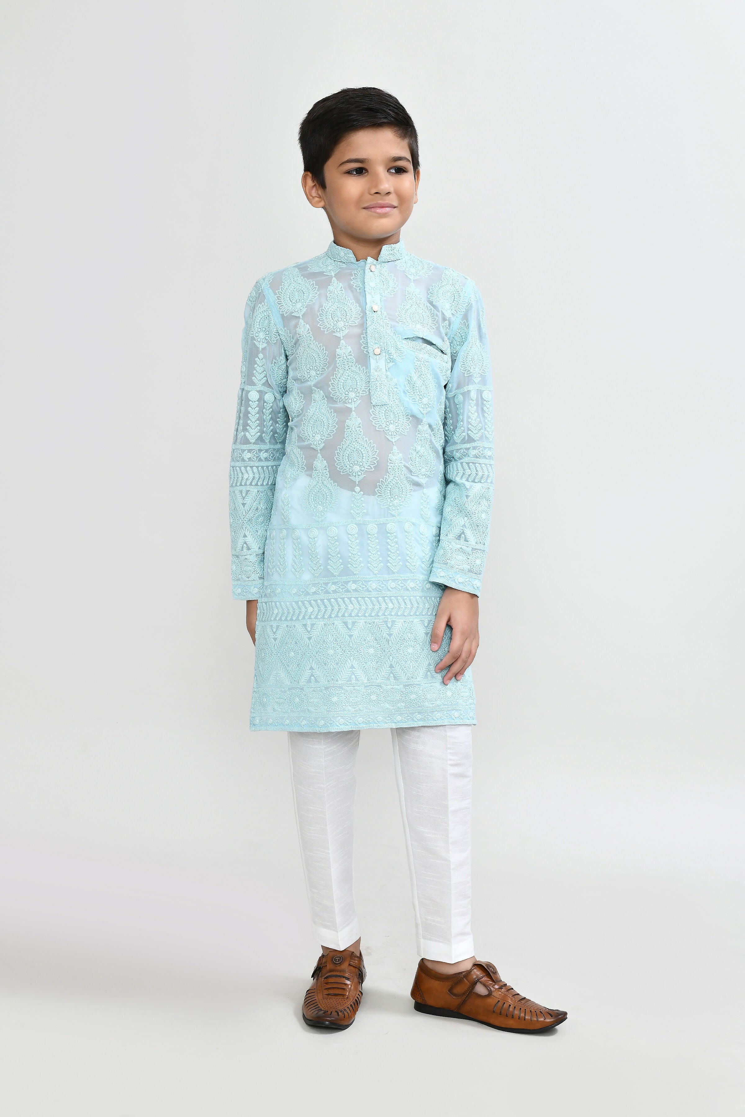 Aqua green georgette kurta with white straight fit art silk pants