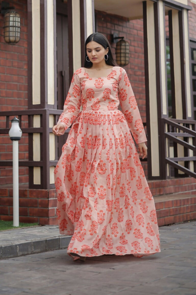 Peach Pure Chanderi Anarkali dress with intricate digital floral print